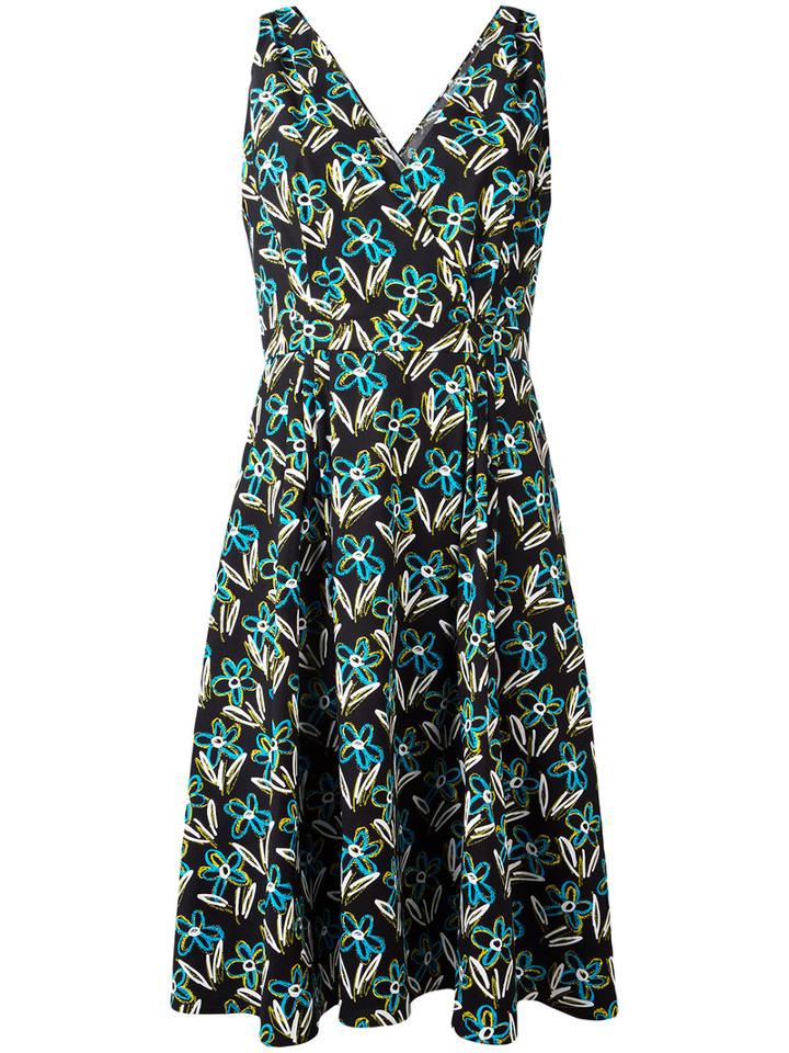 Prada Floral Print Flared Dress, Women's, Size: 38, Black, Cotton/spandex/elastane