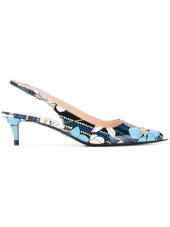 Prada Floral Print Slingback Pumps - Blue