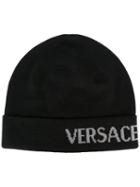 Versace Side Logo Beanie, Men's, Black, Wool/silk