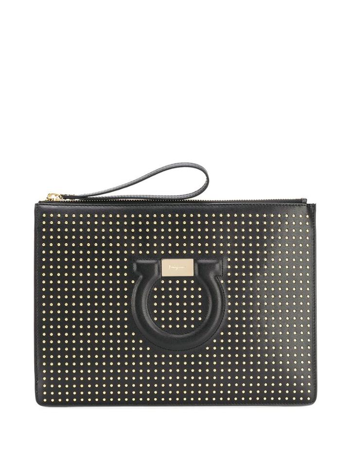 Salvatore Ferragamo Gancini Logo Studded Clutch - Black