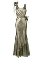 Alberta Ferretti Sleeveless Floral Embellished Gown - Metallic