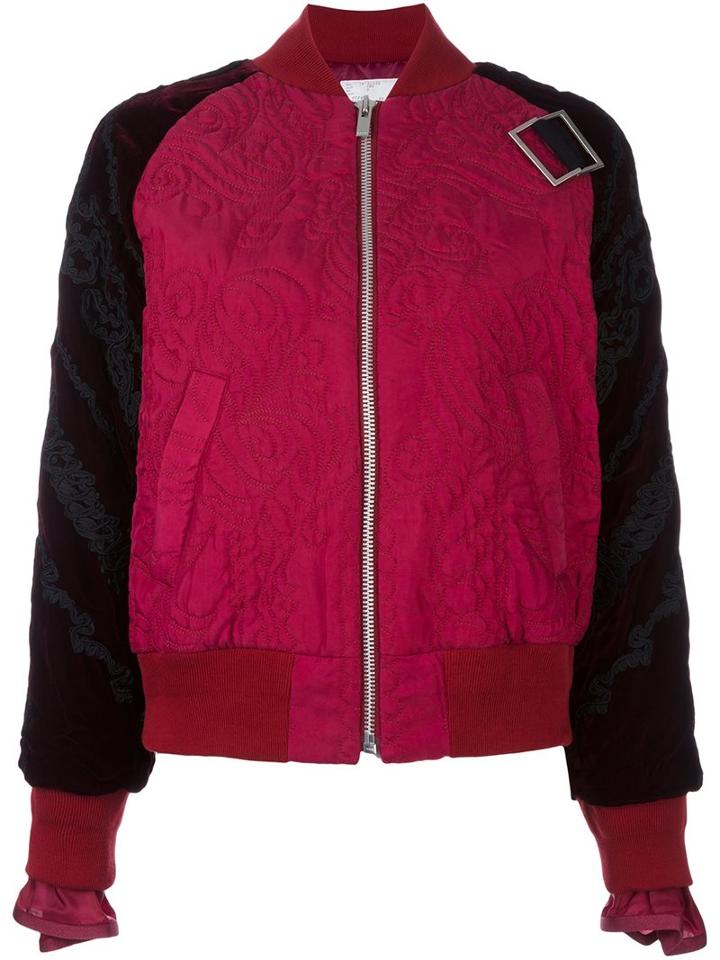 Sacai Calligraphy Embroidered Bomber, Women's, Size: 2, Red, Polyester/cupro