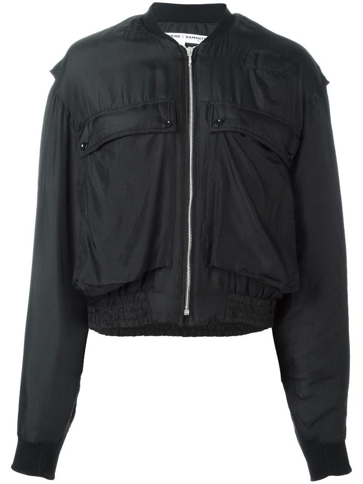Katharine Hamnett Patch Pocket Bomber Jacket, Women's, Size: Large, Black, Silk