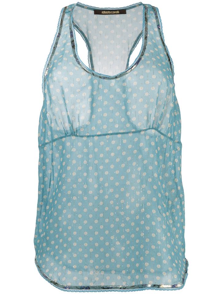 Roberto Cavalli Sheer Polka Dot Tank Top, Women's, Size: 42, Blue, Silk/polyester