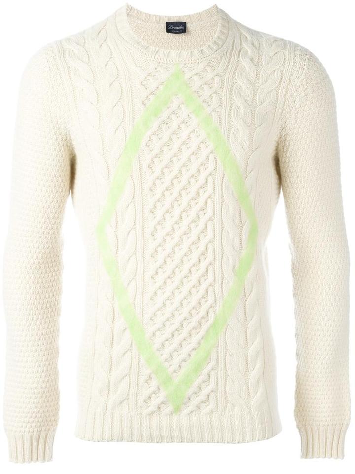 Drumohr Aran Diamond Detail Jumper, Men's, Size: 48, White, Lambs Wool