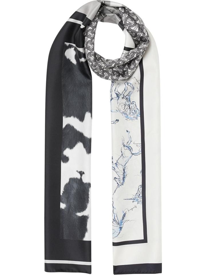 Burberry Unicorn, Monogram And Cow Print Silk Scarf - Black