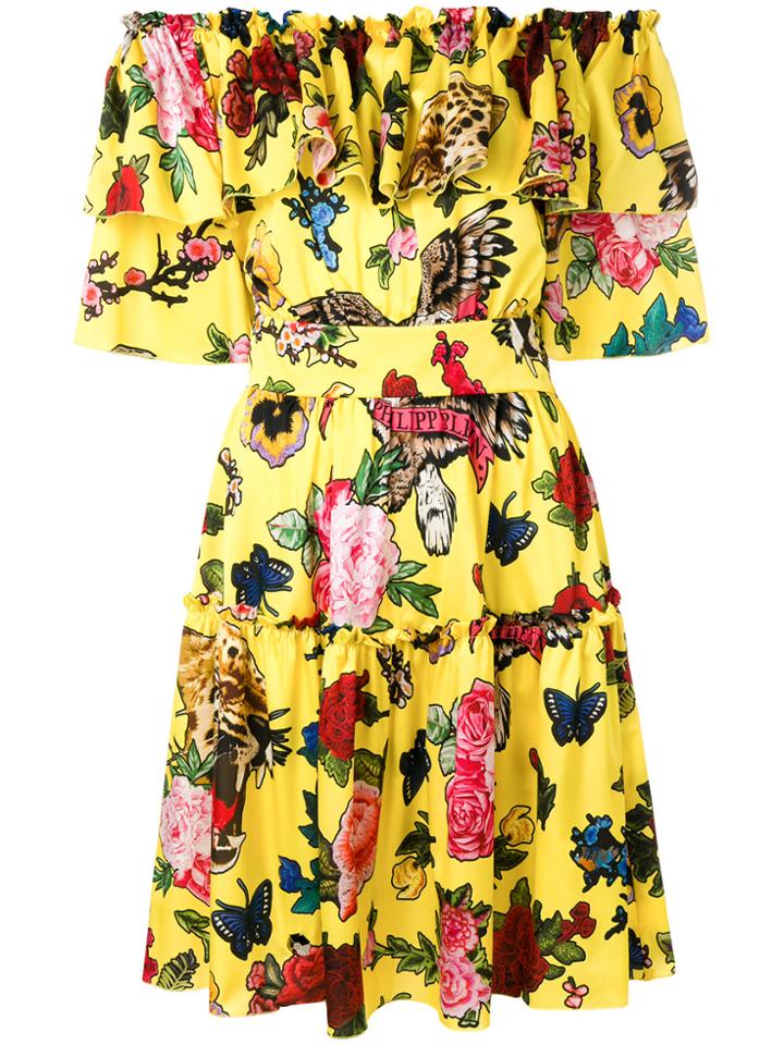 Philipp Plein Frilly Floral Print Bardot Dress - Yellow & Orange