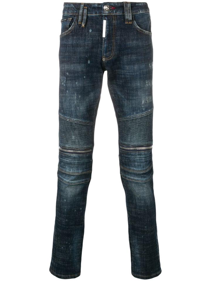 Philipp Plein Statement Distressed Biker Jeans - Blue
