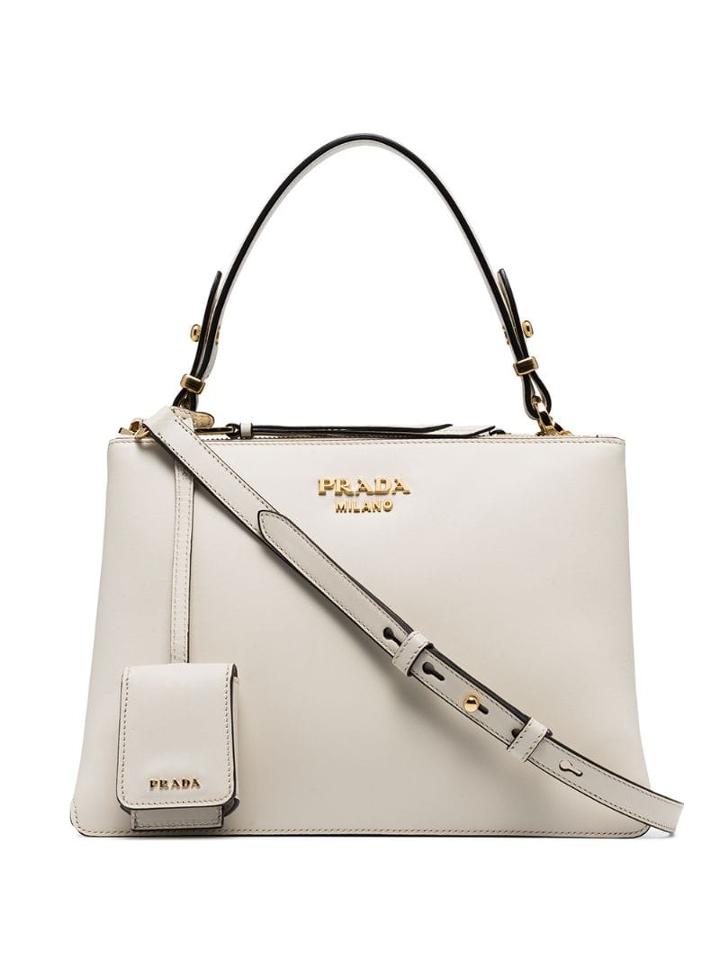 Prada White Double Zip Small Leather Tote Bag