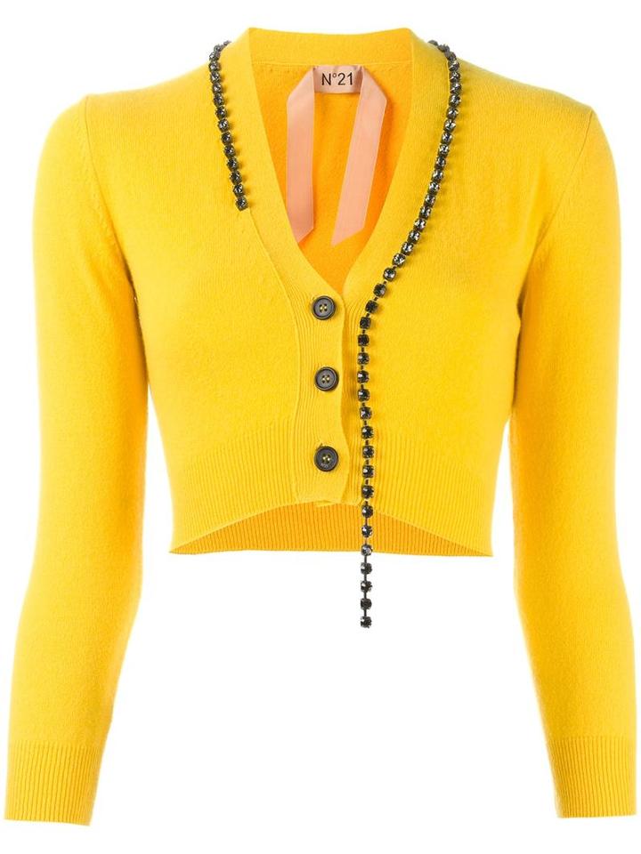 No21 Rhinestone Trim Cardigan, Women's, Size: 42, Yellow/orange, Virgin Wool/cashmere/glass/metallic Fibre
