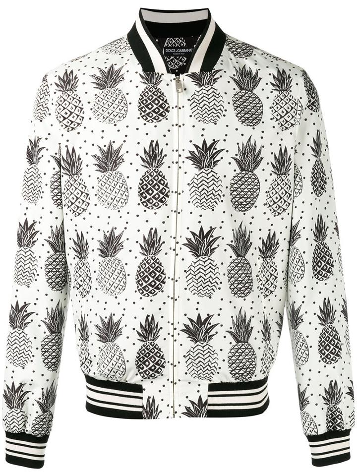 Dolce & Gabbana Pineapple Print Bomber Jacket, Men's, Size: 48, Black, Polyester