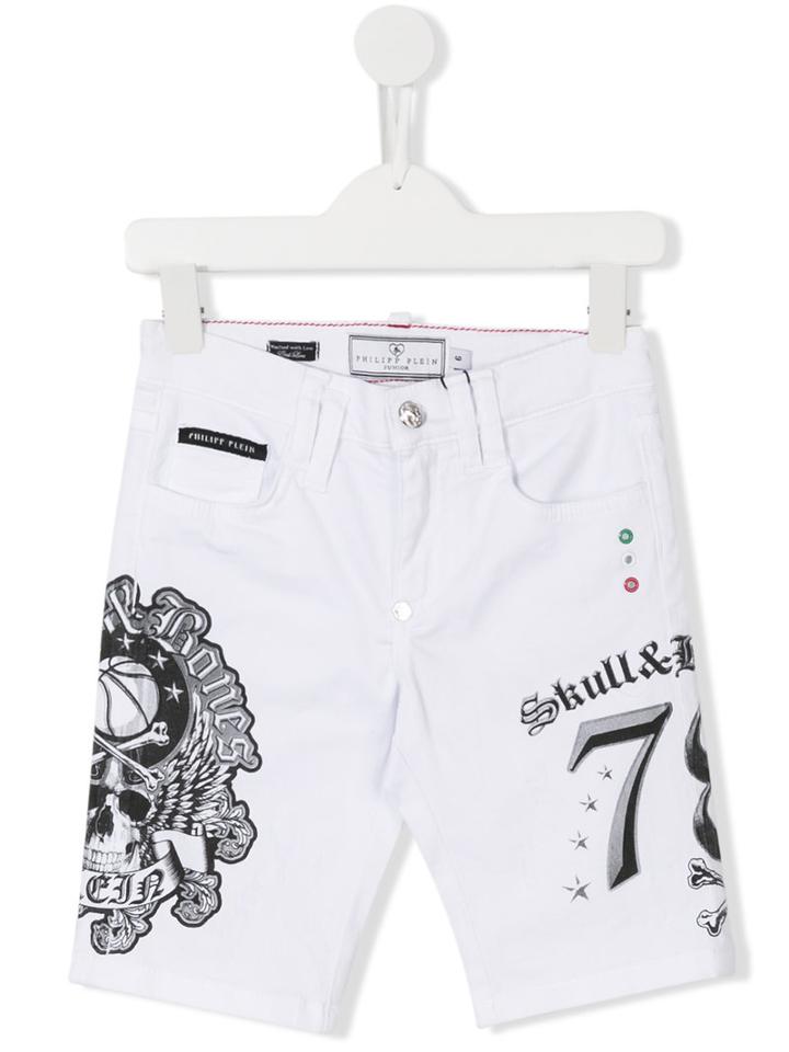 Philipp Plein Kids Skull Print Denim Shorts, Boy's, Size: 12 Yrs, White