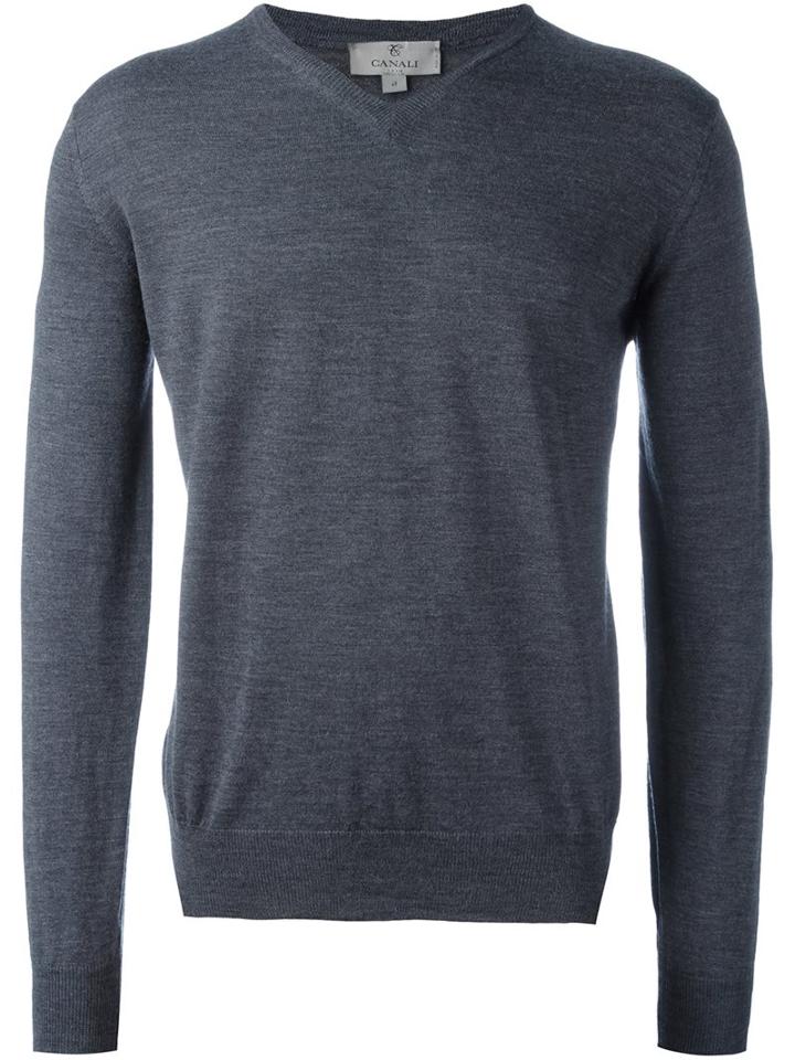 Canali V-neck Sweater, Men's, Size: 52, Grey, Wool