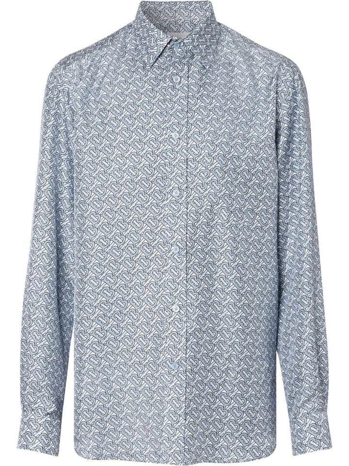 Burberry Classic Fit Monogram Print Silk Twill Shirt - Pale Blue