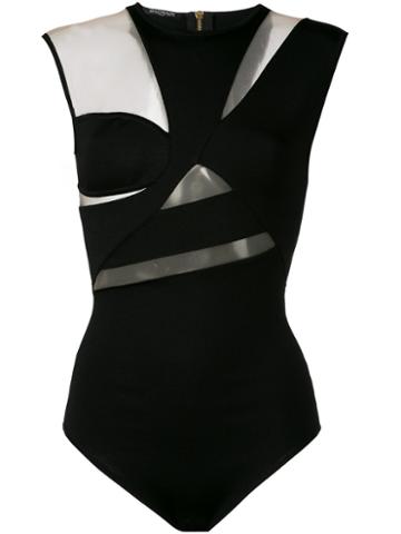 Balmain Tulle Panel Bodysuit, Women's, Size: 36, Black, Polyamide/viscose/spandex/elastane