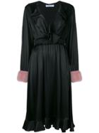 Blumarine Fur Cuff Ruffled Wrap Dress - Black
