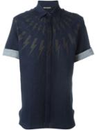 Neil Barrett Lighting Bolt Print Denim Shirt, Men's, Size: 41, Blue, Cotton