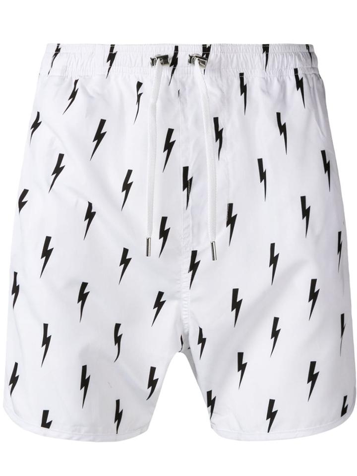 Neil Barrett Lightning-print Swimshorts - White