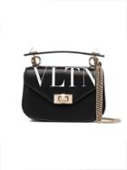 Valentino Black Vltn Small Logo Print Leather Shoulder Bag