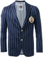 Education From Youngmachines - Pinstriped Insignia Applique Single Breasted Blazer - Men - Polyester/polyurethane/rayon - 3, Blue, Polyester/polyurethane/rayon