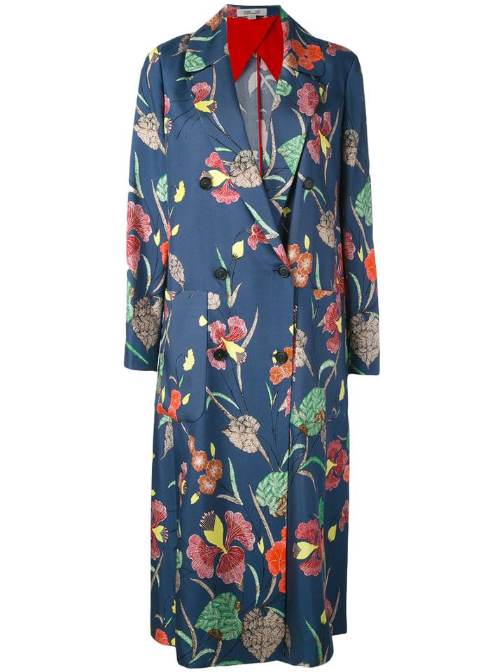 Floral Double-breasted Coat - Women - Silk/polyester/spandex/elastane - M, Blue, Silk/polyester/spandex/elastane, Diane Von Furstenberg