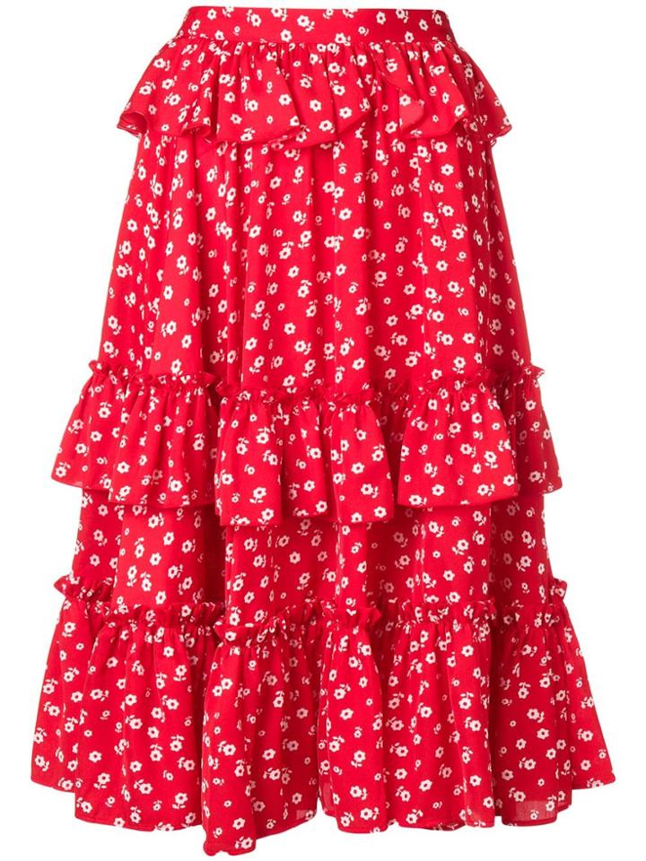 Alexa Chung Ruffled Floral Midi Skirt - Red