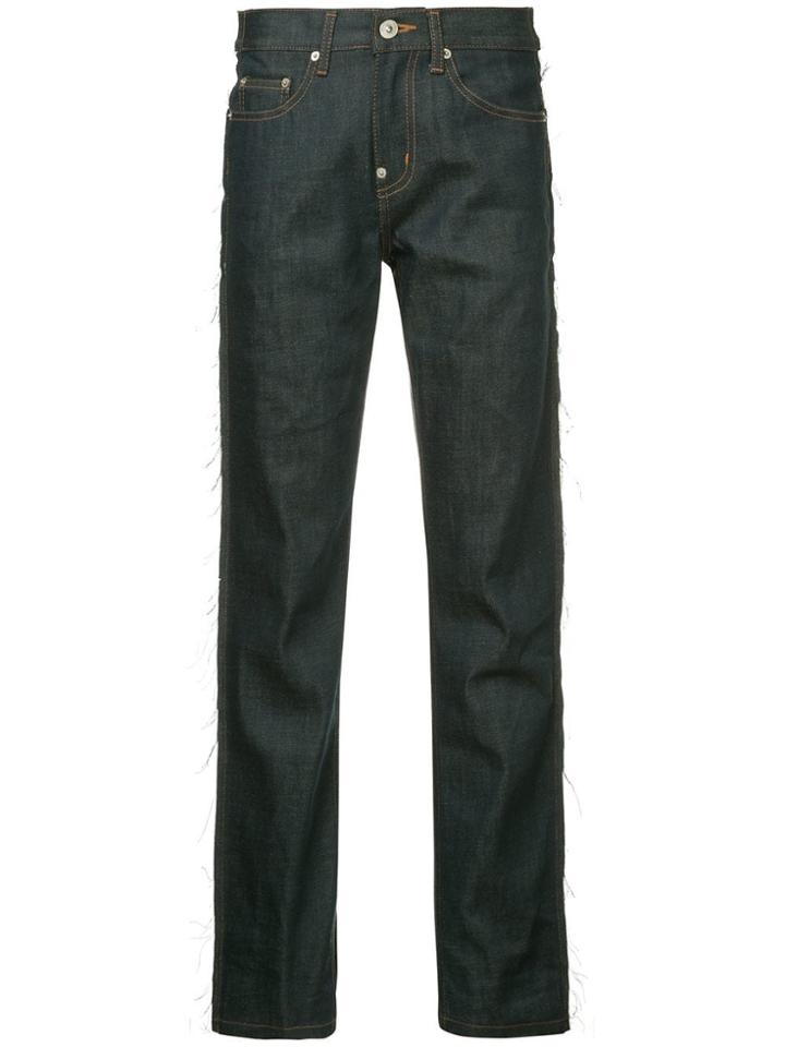 Pushbutton Panelled Faux Leather Straight Jeans - Blue
