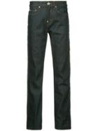 Pushbutton Panelled Faux Leather Straight Jeans - Blue