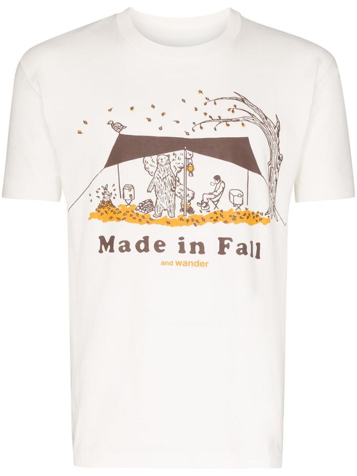 And Wander Made In Fall Print Cotton T-shirt - White