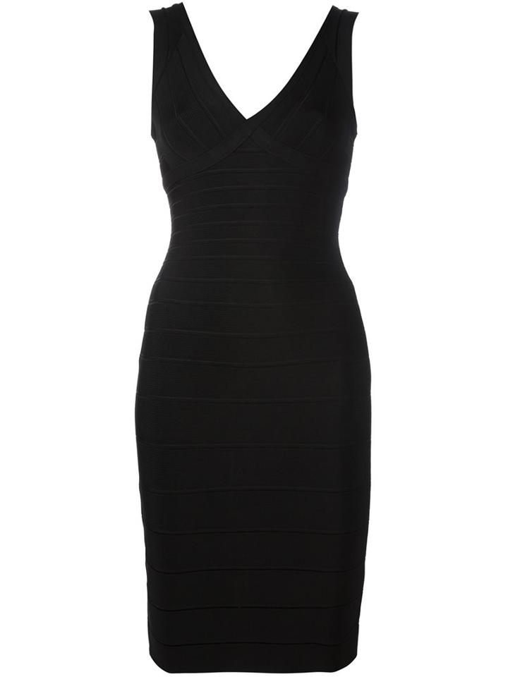 Hervé Léger V-neck Fitted Dress, Women's, Size: Large, Black, Rayon/nylon/spandex/elastane