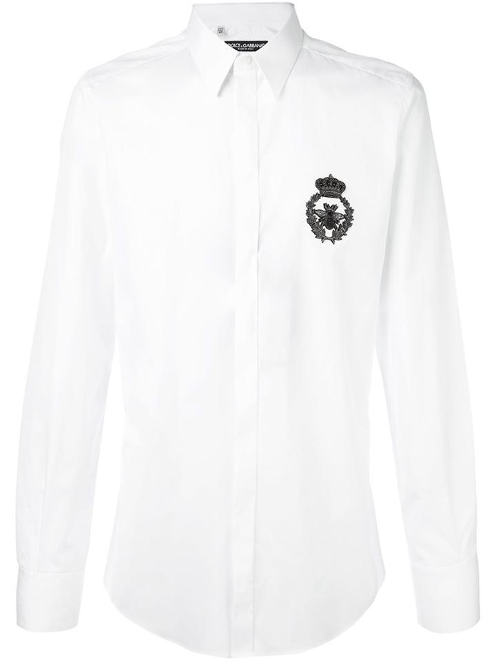 Dolce & Gabbana Crown & Bee Patch Shirt, Men's, Size: 42, White, Cotton/ramie/metallic Fibre/polyester