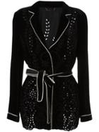 Alberta Ferretti Perforated Detailing Belted Jacket, Women's, Size: 42, Black, Rayon/silk/cotton/rayon