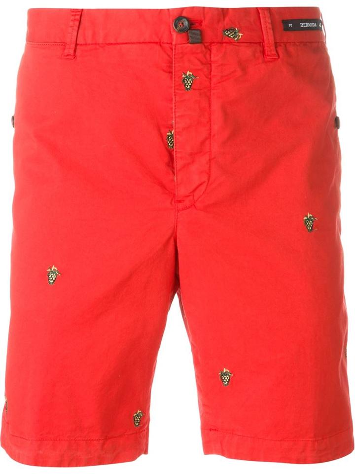 Pt01 Embroidered Shorts, Men's, Size: 50, Red, Cotton/spandex/elastane