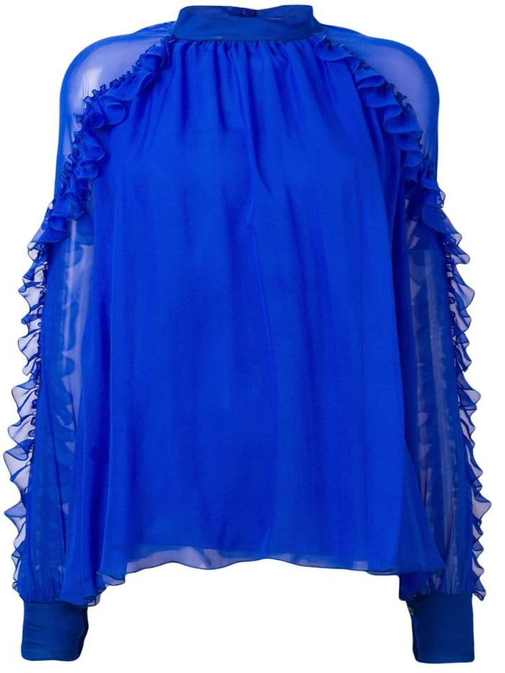 Emilio Pucci Blue High Neck Silk Ruffled Blouse