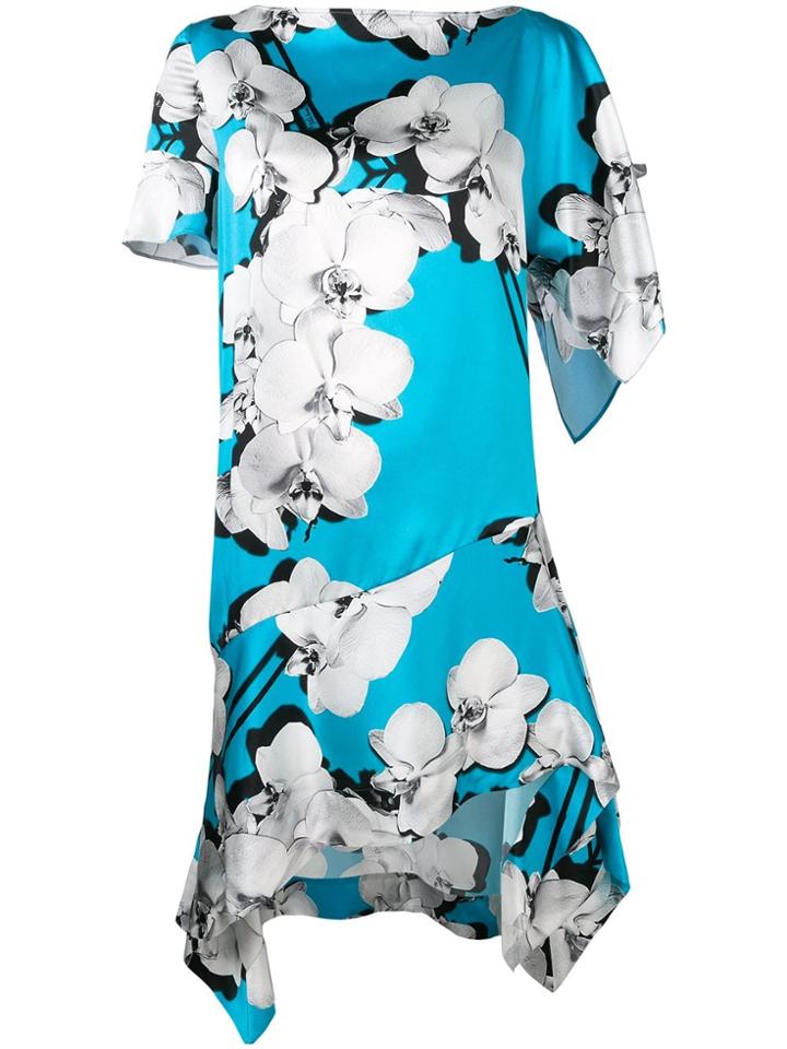 Roberto Cavalli Asymmetric Orchid Print Shift Dress - Blue