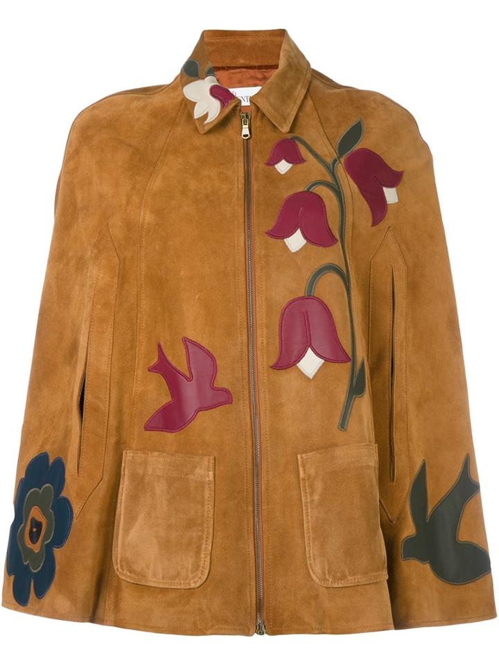 Red Valentino Bird & Flower Detailed Cape, Women's, Size: 44, Brown, Calf Leather/lamb Skin/viscose