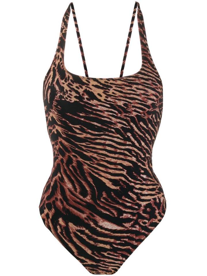 Ganni Tiger Print Swimsuit - Brown