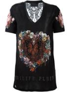 Philipp Plein Embellished Heart T-shirt, Women's, Size: Medium, Black, Viscose/cotton/polyamide/spandex/elastane