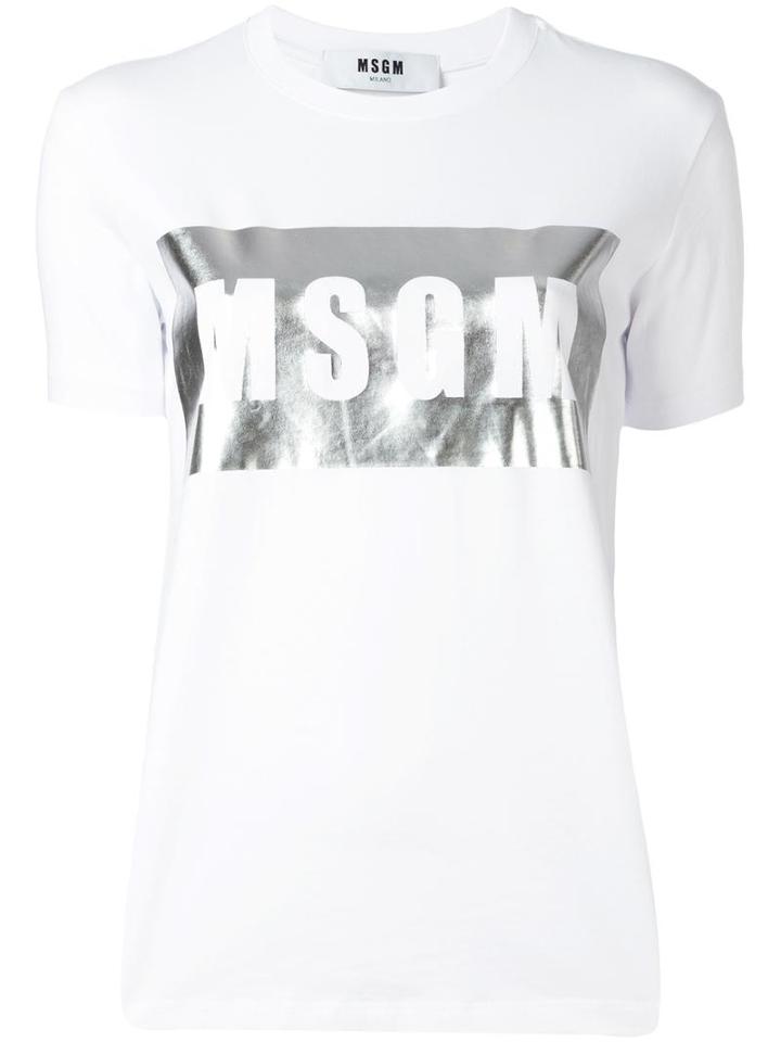 Msgm Metallic Logo Print T-shirt, Women's, Size: Large, White, Cotton