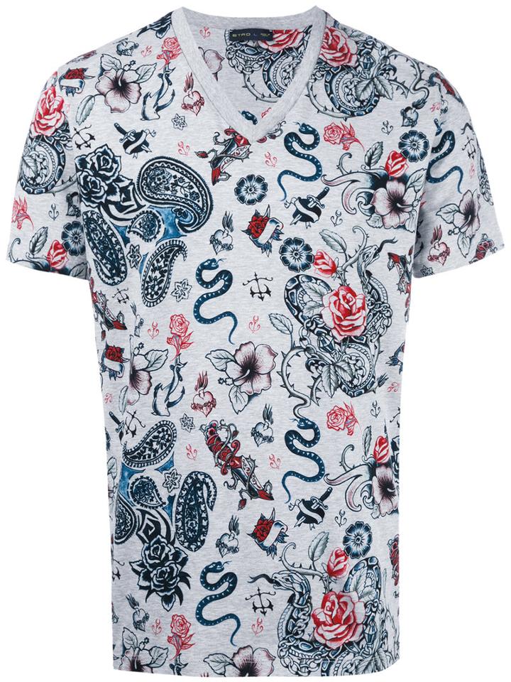 Etro Floral Print T-shirt, Size: Large, Grey, Cotton