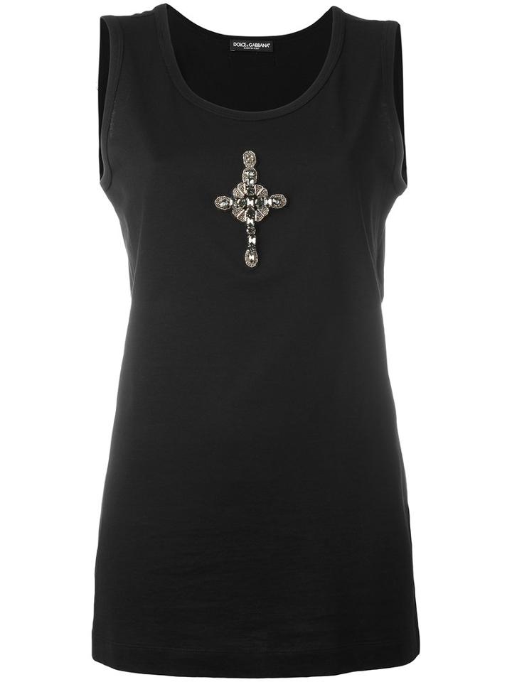Dolce & Gabbana Crystal Beaded Cross Tank Top, Women's, Size: 38, Black, Cotton/glass/silk/polyester