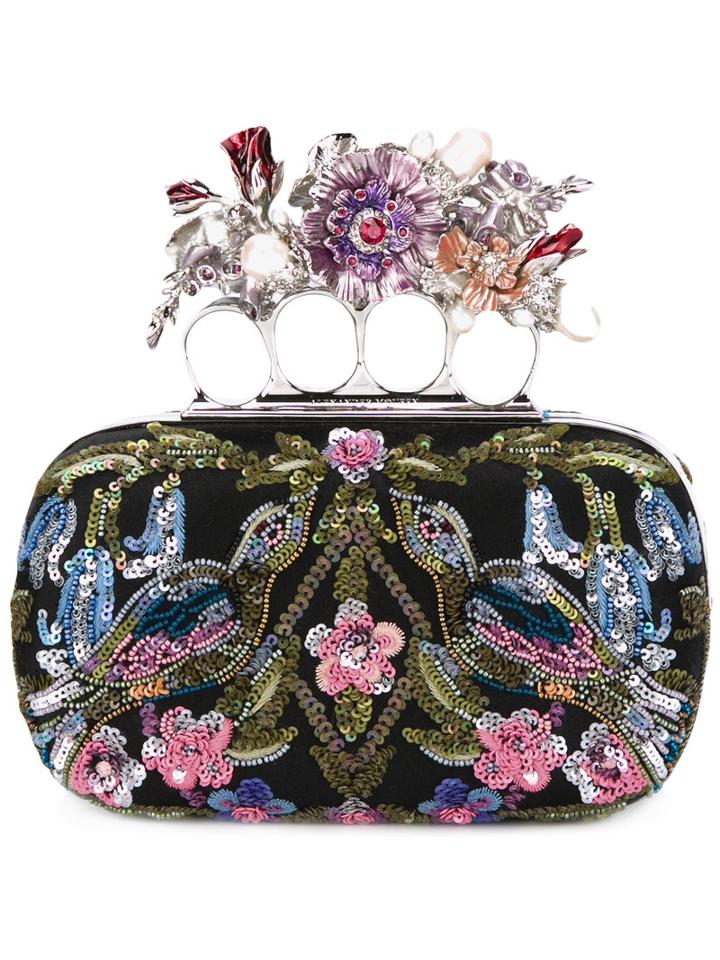 Alexander Mcqueen Knuckle Floral Embroidered Box Clutch, Women's, Black, Silk/viscose/metal/pvc