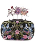 Alexander Mcqueen Knuckle Floral Embroidered Box Clutch, Women's, Black, Silk/viscose/metal/pvc