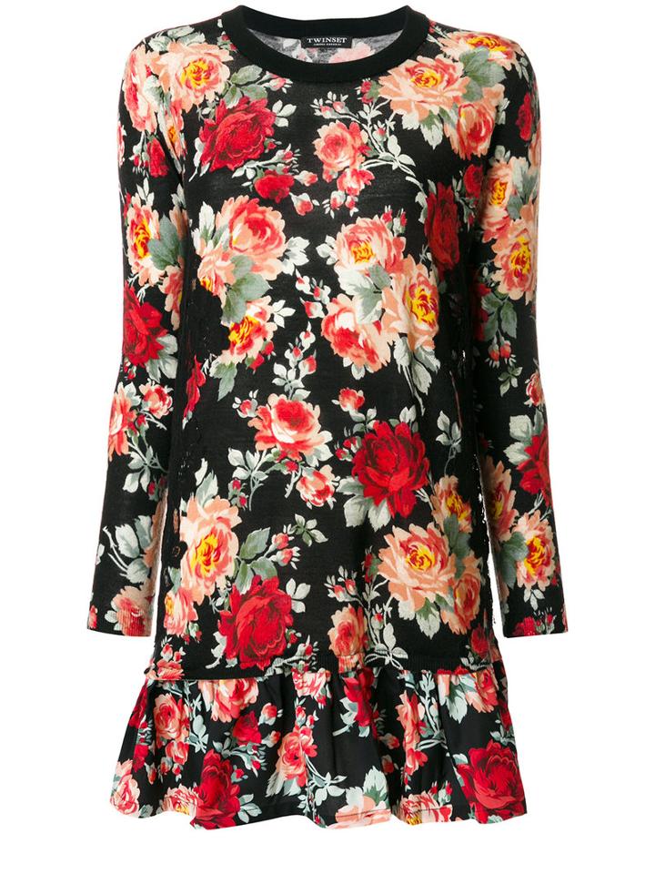 Twin-set - Floral Print Dress - Women - Polyamide/polyester/wool - Xl, Black, Polyamide/polyester/wool