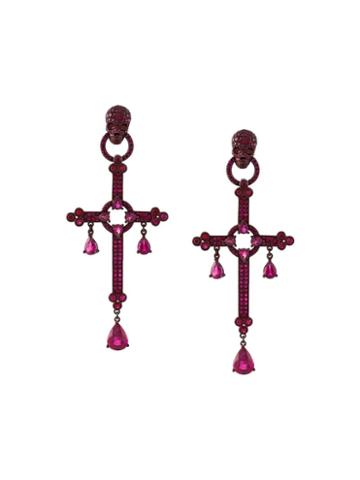 Lydia Courteille Ruby Cross Skull Earrings, Women's, Pink/purple