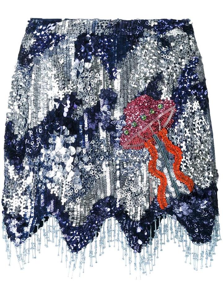 House Of Holland Sequined Scalloped Hem Skirt, Women's, Size: 12, Blue, Polyester/viscose/acrylic/glass