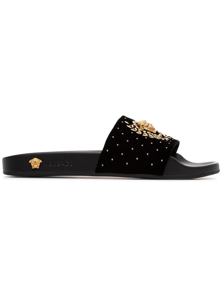 Versace Black And Gold Metallic Versace Medusa Stud Embellished Slides