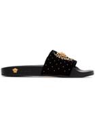 Versace Black And Gold Metallic Versace Medusa Stud Embellished Slides