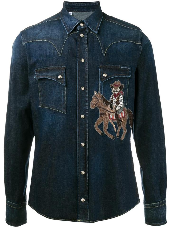 Dolce & Gabbana Cowboy Patch Western Denim Shirt, Men's, Size: 43, Blue, Cotton/spandex/elastane/viscose