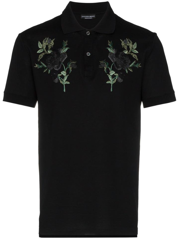 Alexander Mcqueen Rose Embroidered Polo Shirt - Black